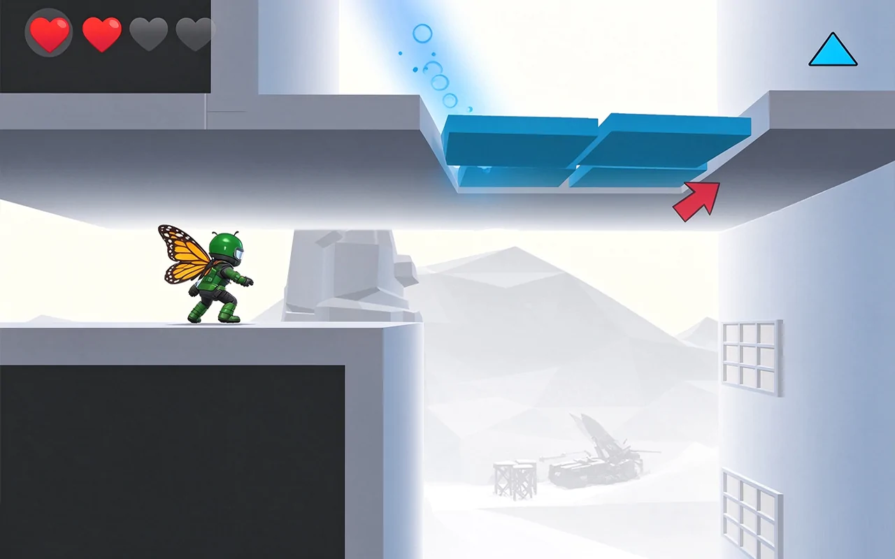 Agent approaching blue platforms above a pale city